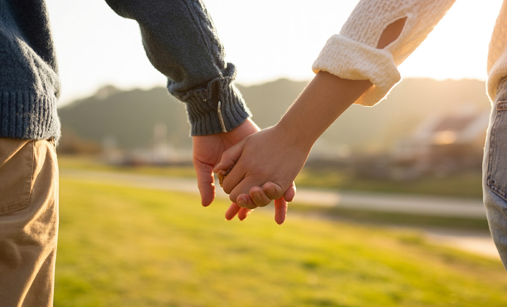 A couple holding hands at sunset